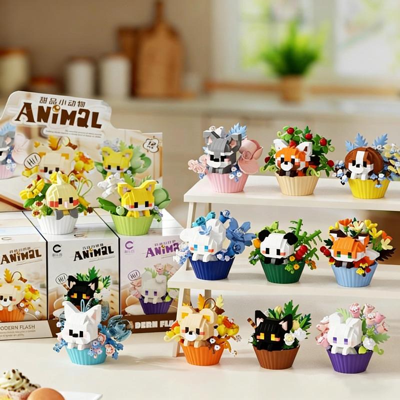 Kids Education Desk - Niedliche Tier-Bausteine Spielzeug Mini-Topfblumenstrauß 3D Cartoon-Puppe