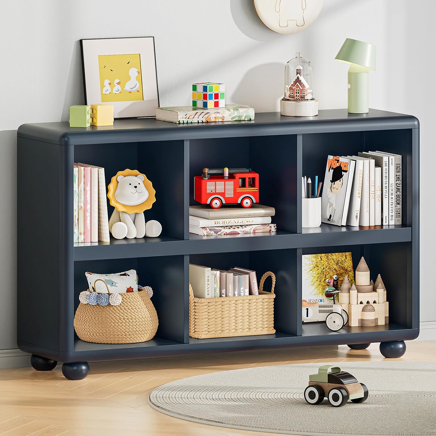 Montessori Shelf Toy - Kinder-Aufbewahrungsregal 6-Kubus-Spielzeug-Organizer Montessori-Bücherregal Abgerundetes Design für