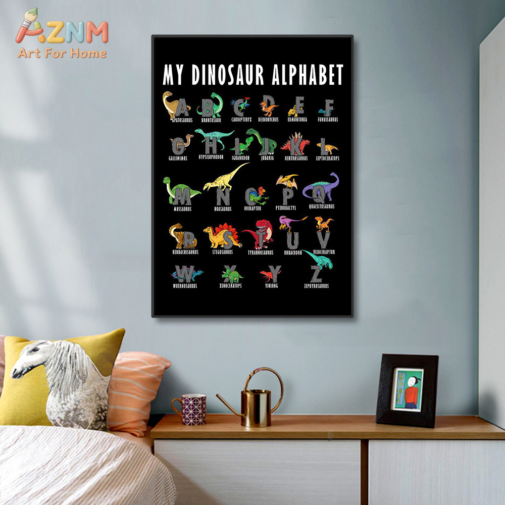 Kids Education Background - AZNM Dinosaurier-Alphabet-Leinwand-Wandkunstdruck, Cartoon-Dino-ABC-Diagramm, schwarzer Hintergrund, pädagogische