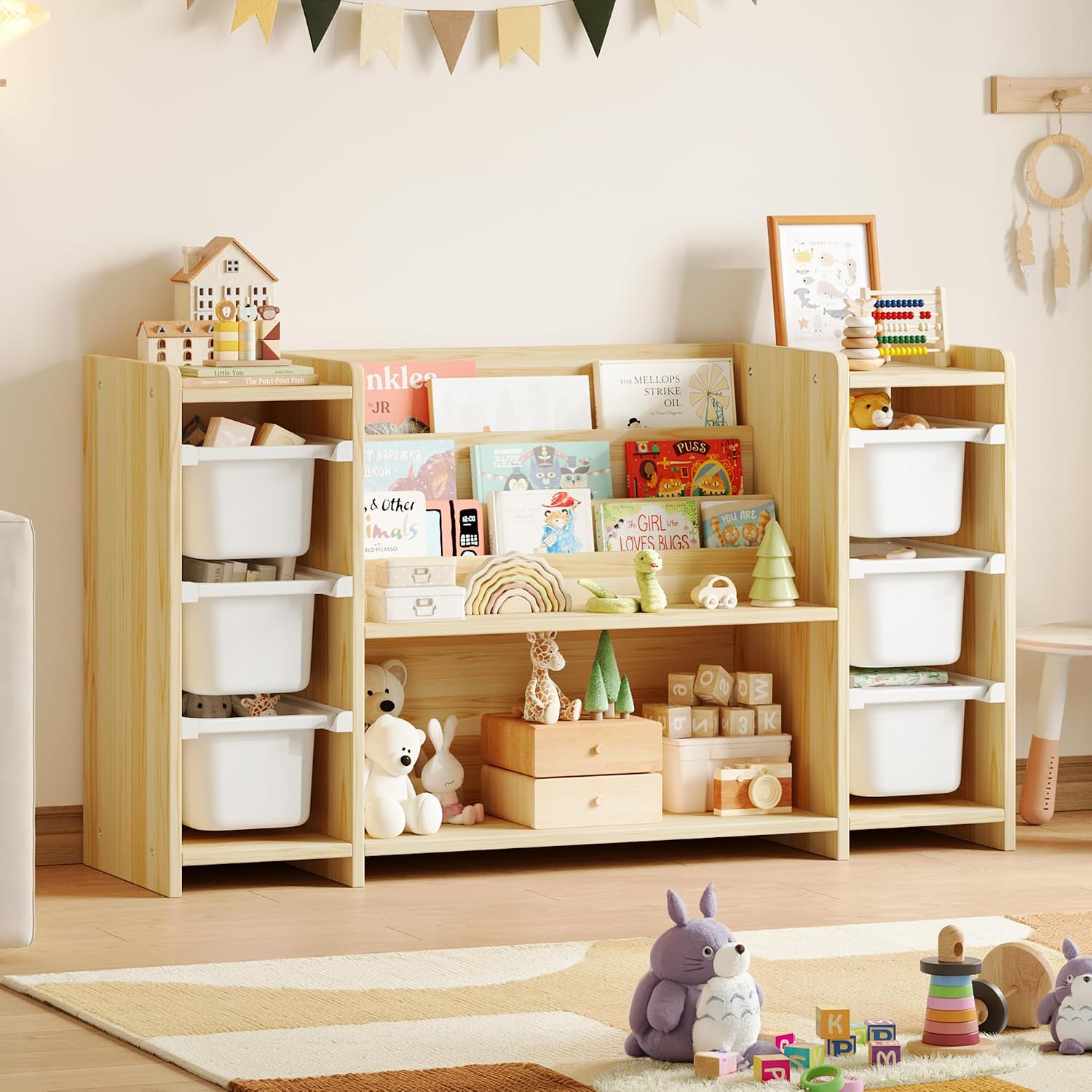 Montessori Shelf Toy - Kinder-Spielzeug-Aufbewahrungsorganizer und Montessori-Bücherregal mit 6 Spielzeugbehältern,