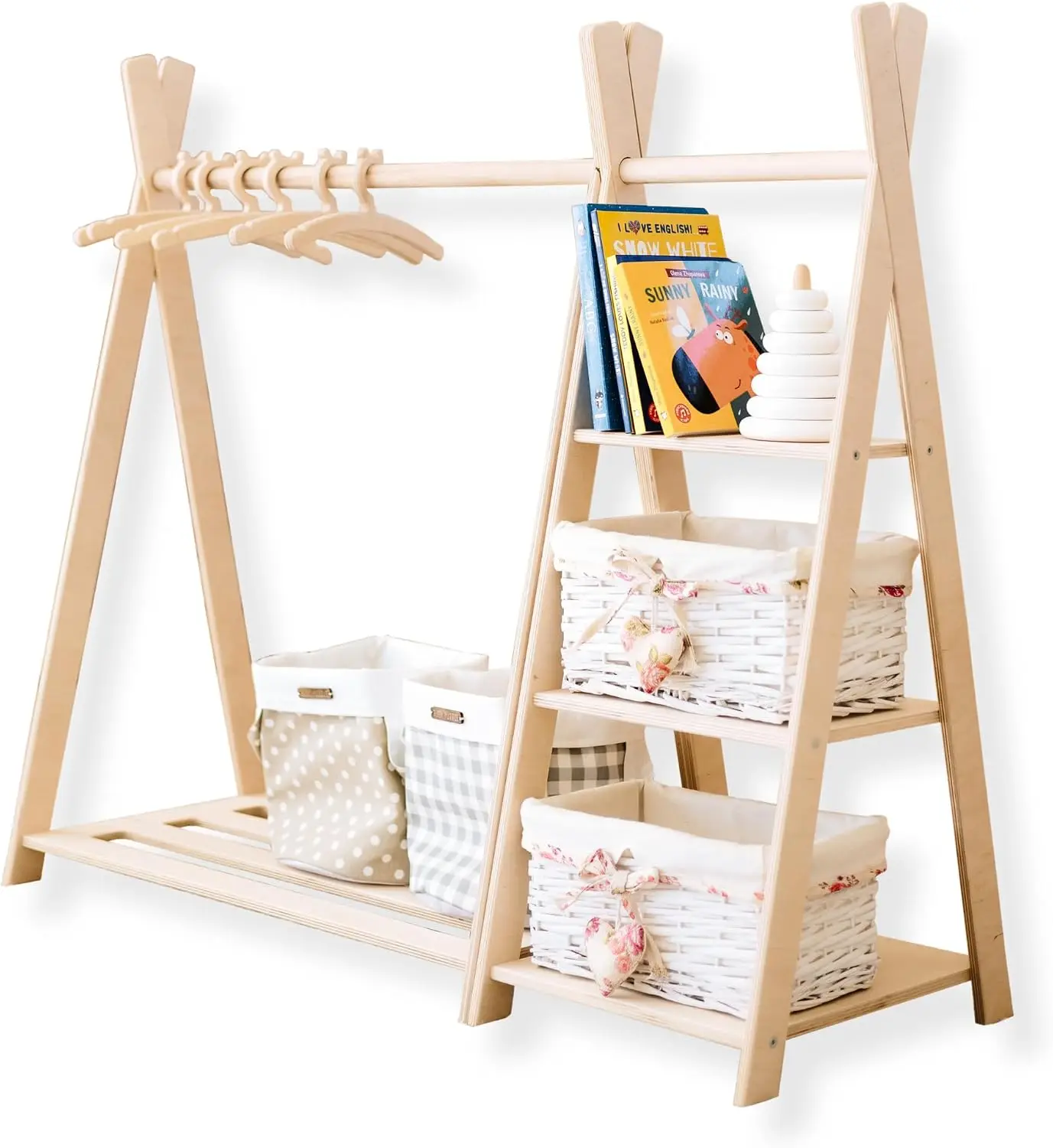 Montessori Shelf Toy - Spielzeugaufbewahrung + Montessori-Kleiderschrank, Holzkleiderständer, Spielzeugregal, Kinderzimmermöbel,