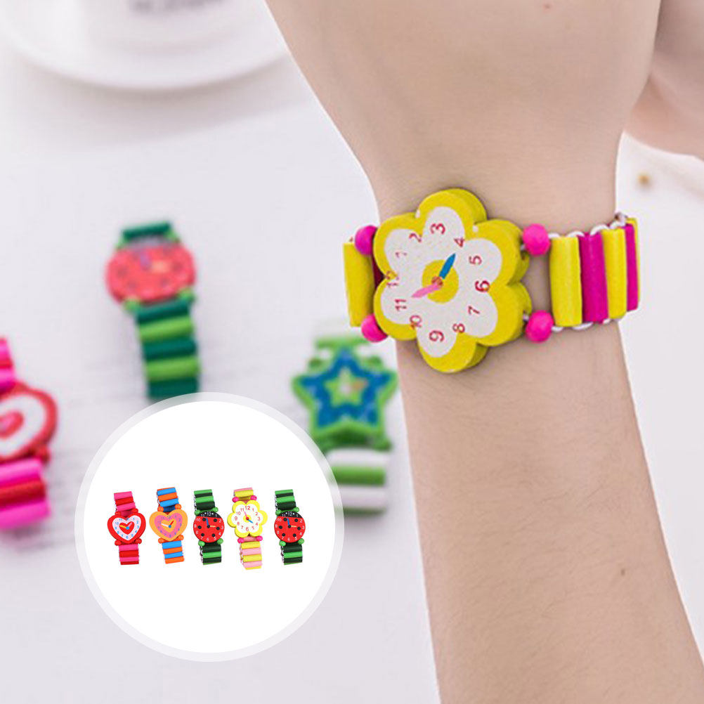 Kids Educational Watch - 5 Stück Holz-Kinderuhren, Cartoon-Design, Kreatives Dekoratives