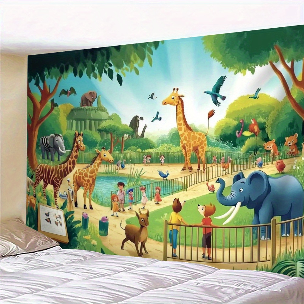 Kids Education Background - 1 Stück Cartoon-Zoo-Tiere Giraffe Elefant Kinderzimmer-Wandteppich