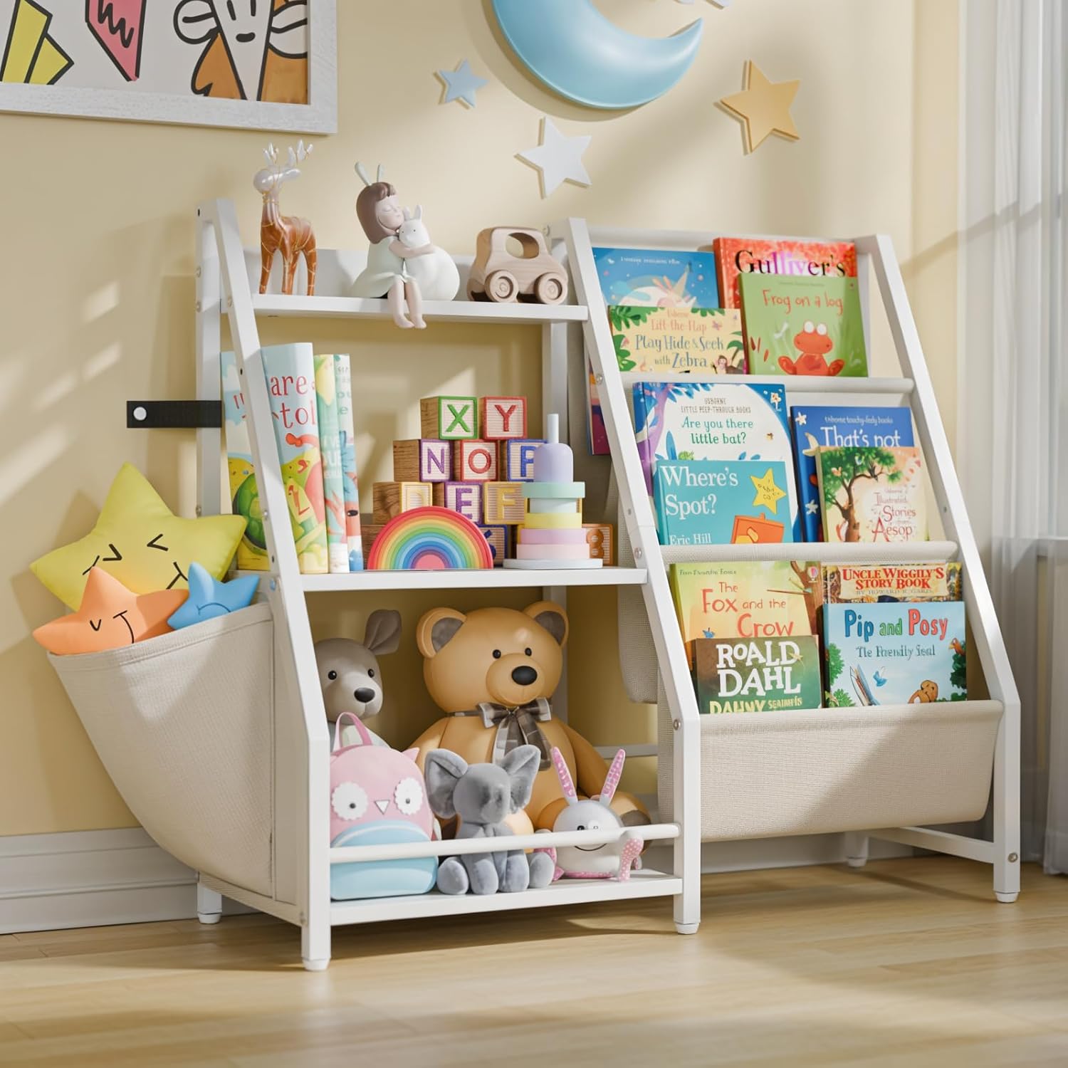 Montessori Shelf Toy - 3-stöckiges Kinder-Bücherregal und Spielzeugaufbewahrung, Kinder-Buchschlingenregal, Montessori